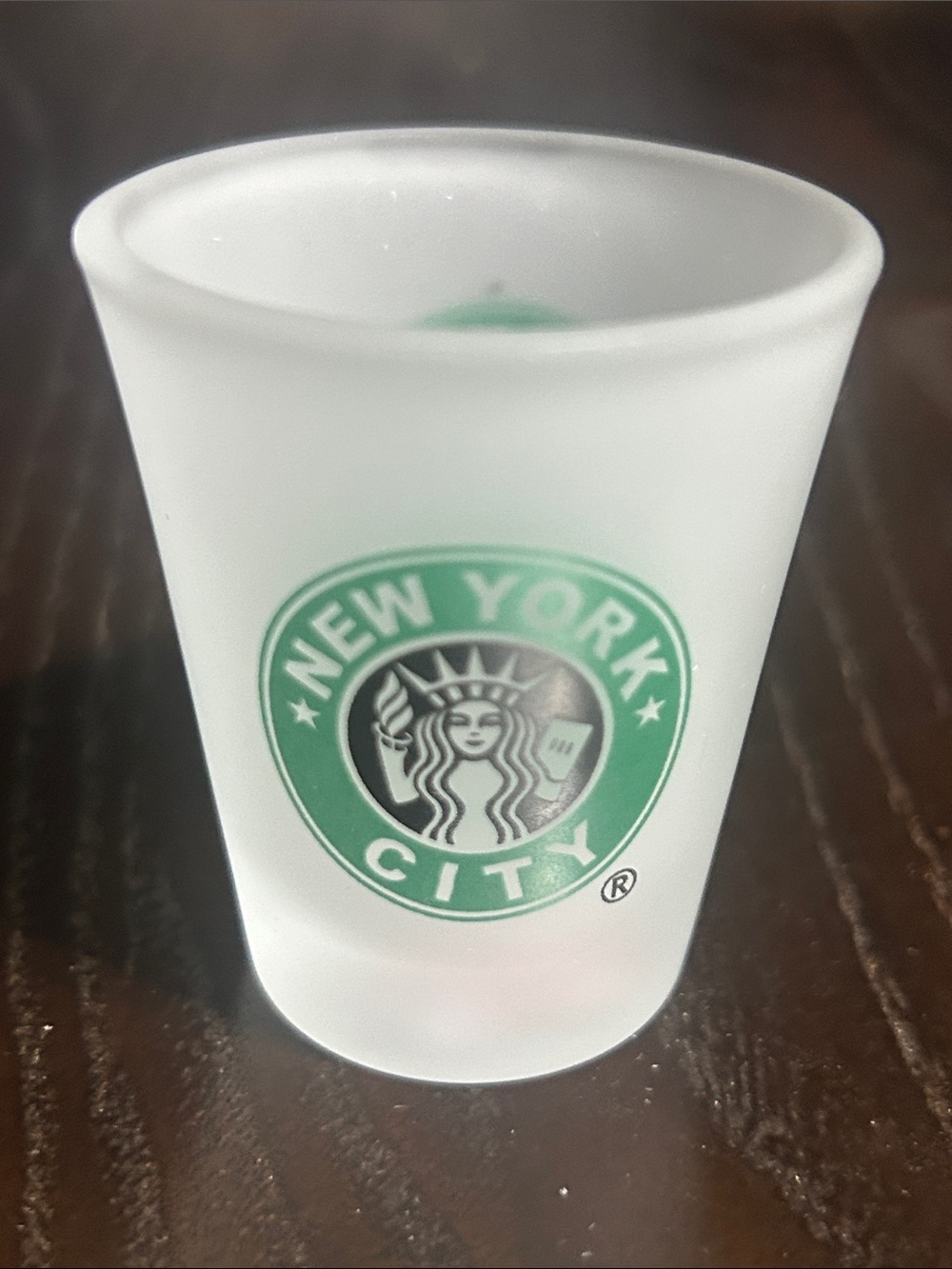 Starbucks Frosted Shot Glass with Green and White New York City Logo